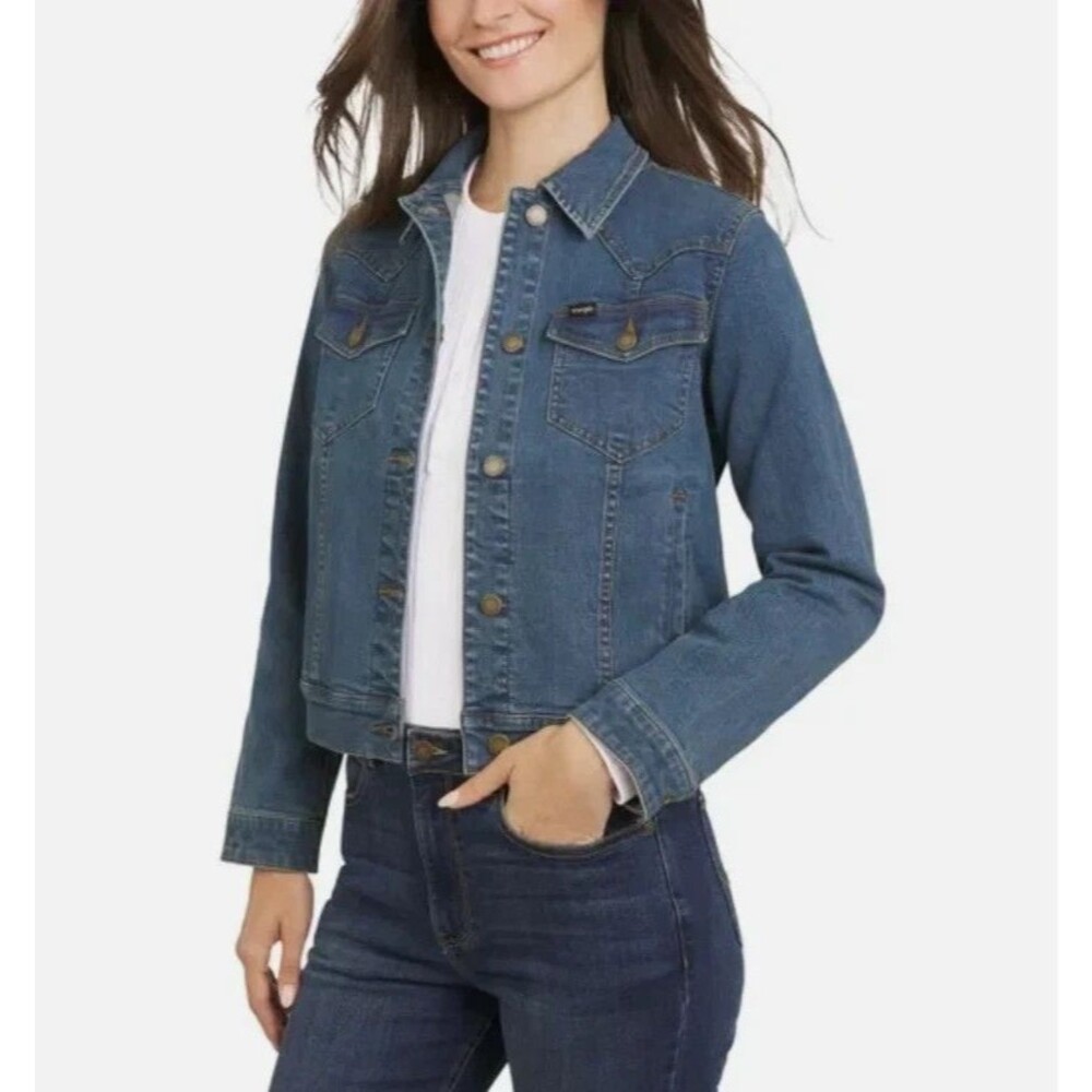 Wrangler Denim Jacket Blue Button Front Trucker Women’s Medium Classic Western - Picture 2 of 5